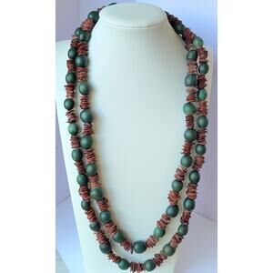 Boho Green Seed & Coconut Shell Long Strand Necklace - 48" Beach Surfer Vibe